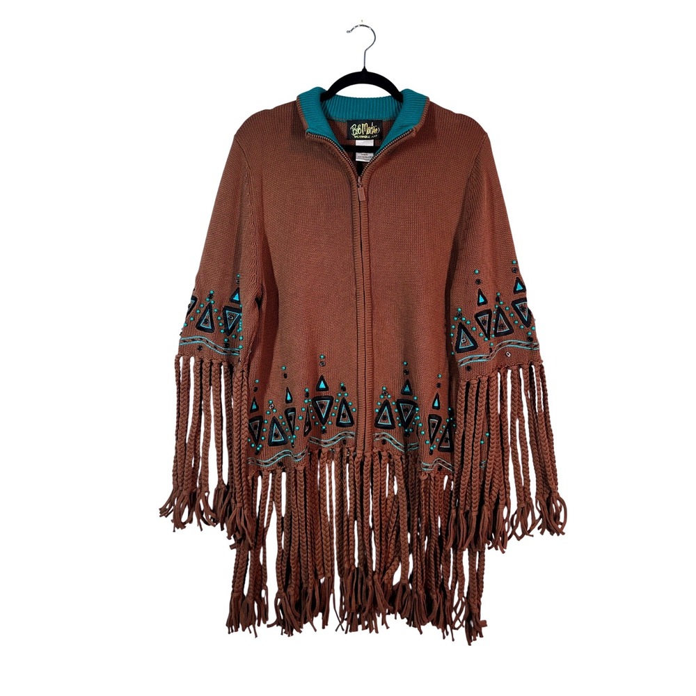VTG Bob Mackie Wearable Art Cardigan L Brown Southwestern Beaded Fringe NWT